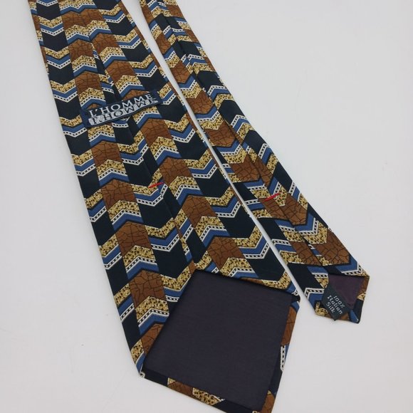 L'Homme 100% Italian Silk Men's Necktie Brown Blue Black Chevron Pattern - Picture 5 of 7